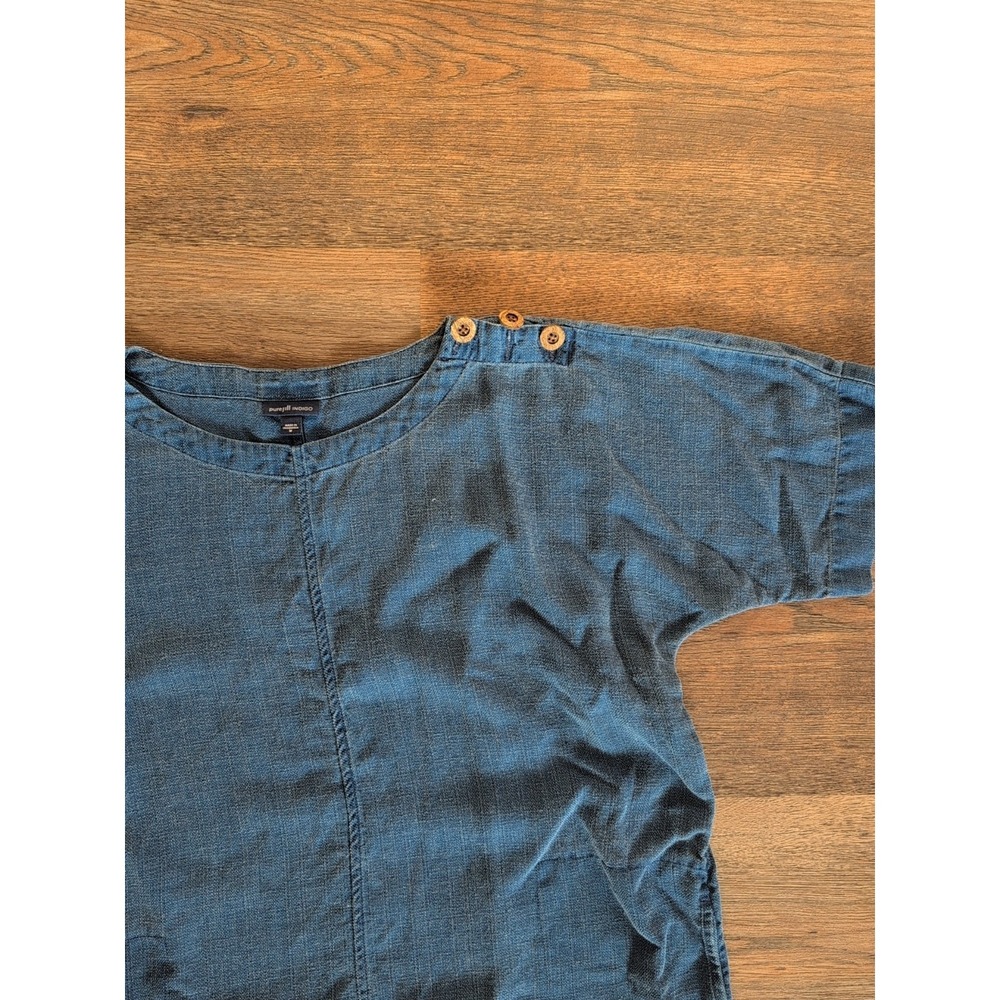 Pure Jill Indigo Blue Linen Blend Shift Dress Short Sleeve Button Shoulder M - Picture 3 of 16